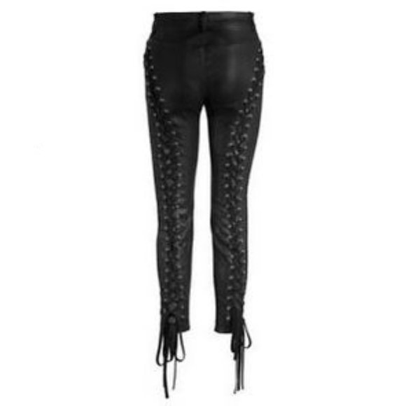 $1390 Unttld El Topo Black Waxed Denim Jeans w/Lace-up Design! Sz 8 IT 44 - Picture 1 of 11